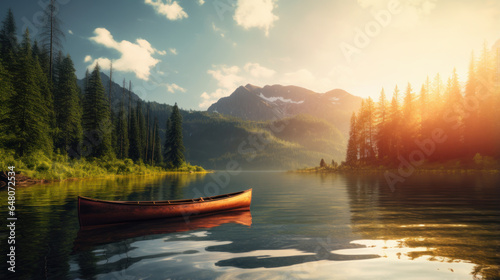 Fotografia landscape with red canoe on lake with mountains at sunset