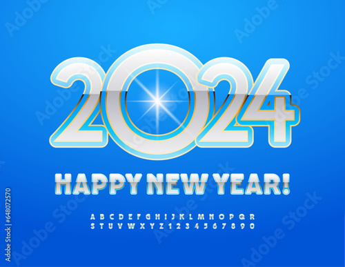 Vector chic wish card Happy New Year 2024! Glossy elegant Font. Artistic Alphabet Letters and Numbers