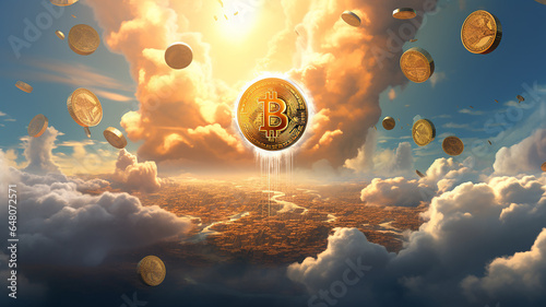 Bitcoin coin on sky background.Business finance investment. Digital technology concept. photo
