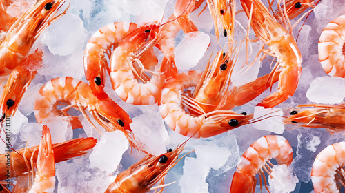 Top view of raw whole shrimps on ice. Seafood background. Generative AI photo