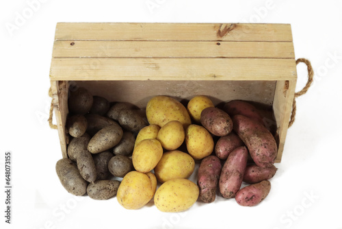 Kartoffel Vielfalt - lila gelb rot in einer Holzkiste