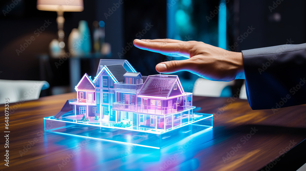 © Keitma - Man hand near a concept hologram render model of a real estate house on a table in an agency , futuristic business concept © Keitma - Man hand near a concept hologram render model of a real estate house on a table in an agency , futuristic business concept