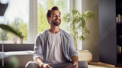 Portrait of a Happy Man Practicing Relaxation Exercises at Home in His Spacious and Bright Flat
