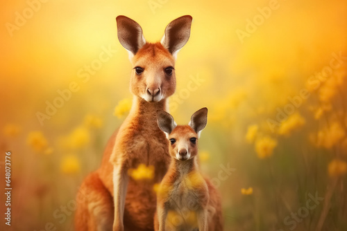 Mother kangaroo with her little cute baby kangaroo. Generative Ai