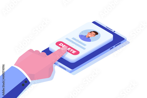 Remove or delete the social account or profile concept. Isometric vector illustrations for banner, website, landing page, flyer.