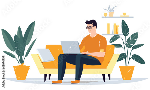 Vector young man working at home 