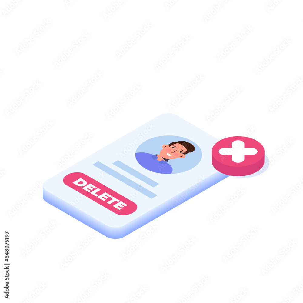 Remove or delete the social account or profile concept. Isometric vector illustrations for banner, website, landing page, flyer. Remove or delete the social account or profile concept. Isometric vector illustrations for banner, website, landing page, flyer.