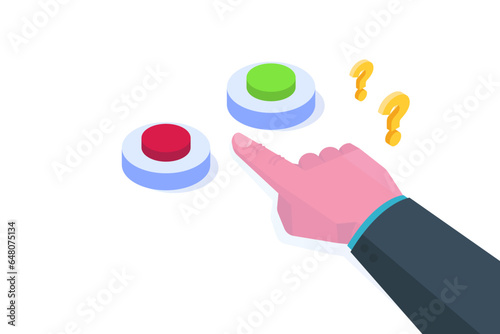 Difficulty choice between two options concept.  Choosing button to push. Isometric vector illustrations for banner, website, landing page, flyer.