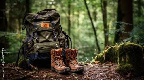 Rucksack and climbing boots in woodland
