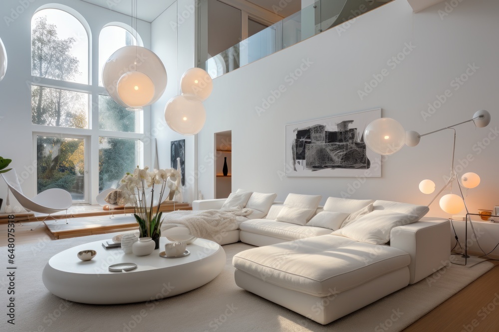 The interior of the white living room is decorated in a modern home style with contemporary furniture