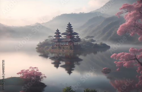 Lake in Bali with a temple in the middle of the lake, pastel color palette sinister landscape