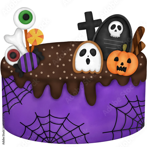 Halloween Dessert. Watercolor Halloween Cake with tomb, ghost cookie, spooky pumpkin, eye balls, bone and candy.