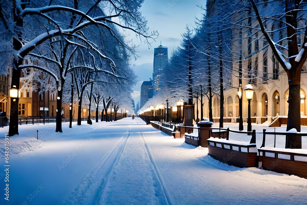 winter snow falling with white trees and lights on the branch of the trees in snow fall with way for walking deeply covered with snow and aslo christmas lightnig background and decoration winter snow falling with white trees and lights on the branch of the trees in snow fall with way for walking deeply covered with snow and aslo christmas lightnig background and decoration