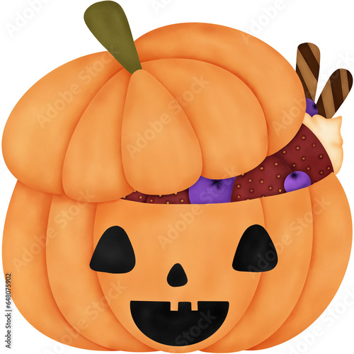 Halloween Dessert. Watercolor Halloween Pumpkin with Cream, Berries and Candy.