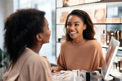 Beauty customer talking to cosmetician to consulting for test the cosmetic makeup in the department store booth. photo