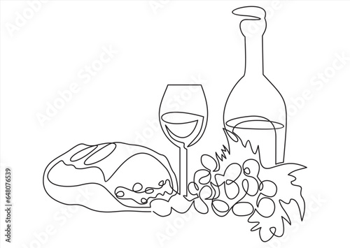 glass of dry White wine ripe grapes and bread-continuous line 