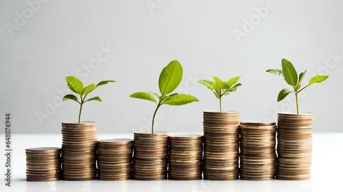 plant growing on coins are stacked and the seedlings in Concept of finance And Investment of saving money or financial and business isolated white background