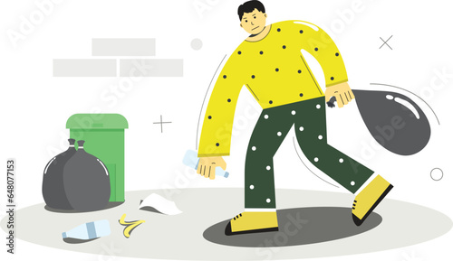 Green Guardian: Illustration of a Flat Character Cleaning up Garbage