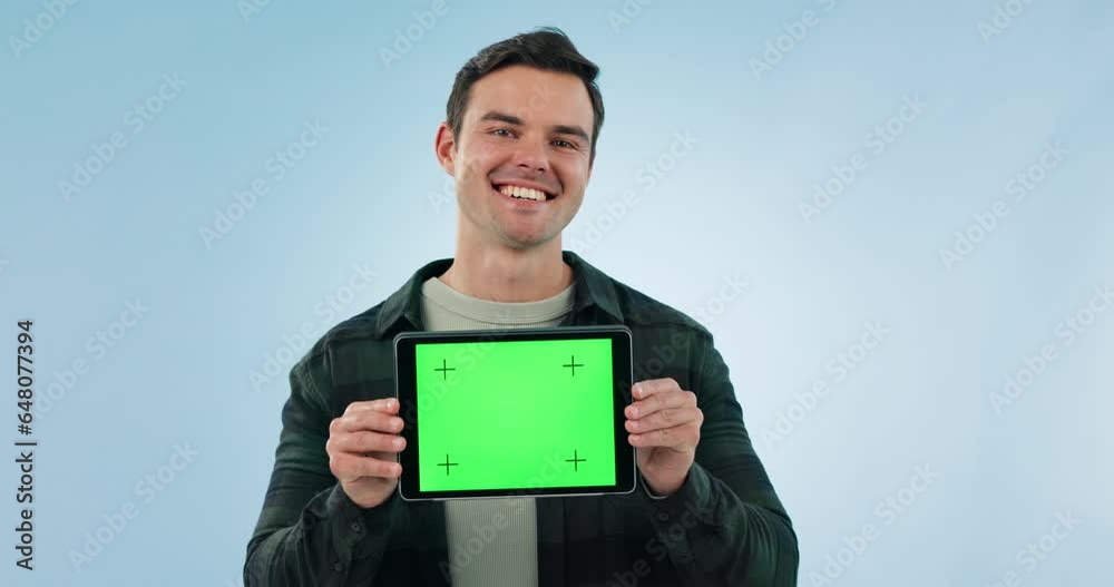 Tablet, green screen and face of man in studio happy with mockup, offer or promo info on blue background. Digital, presentation and portrait of guy model show app, step or sign up platform or service Tablet, green screen and face of man in studio happy with mockup, offer or promo info on blue background. Digital, presentation and portrait of guy model show app, step or sign up platform or service