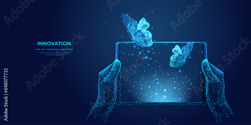 Digital blue butterflies fly off the screen of the device. Abstract close-up hands holding tablet. Innovation concept. Futuristic low poly wireframe vector illustration. X-ray hologram polygonal style