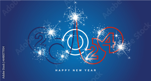 Happy New Year 2024 abstract line design rings in France blue white red flag colors with year 2024 number white light sparkle firework blue greeting card