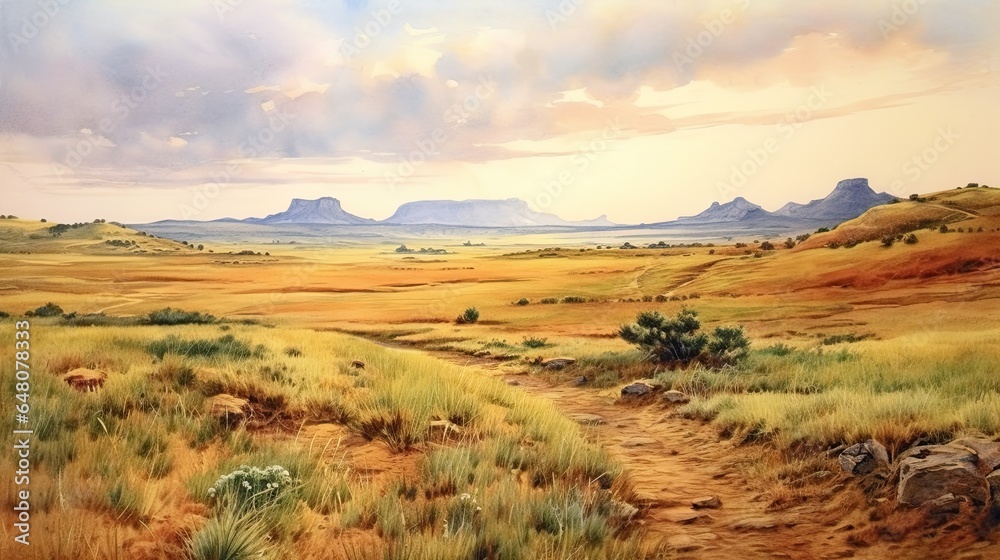 Beautiful watercolor of the great prairies of the American West.