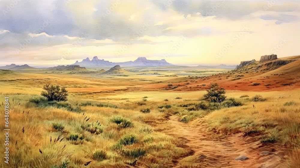 Beautiful watercolor of the great prairies of the American West. Beautiful watercolor of the great prairies of the American West.