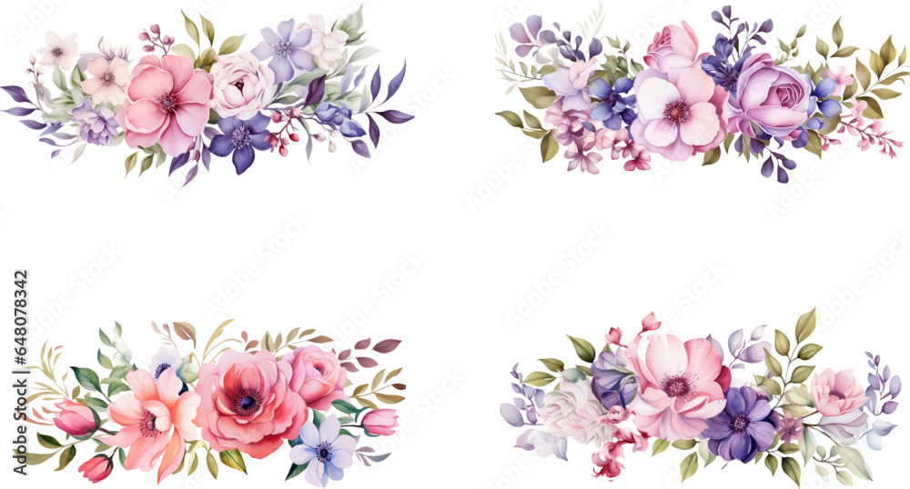 Obraz premium Set of beautiful watercolor flower bouquets, flower arrangements or summer flower bouquets. Can be used for invitations, greetings, and wedding cards