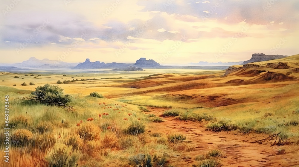 Beautiful watercolor of the great prairies of the American West. Beautiful watercolor of the great prairies of the American West.
