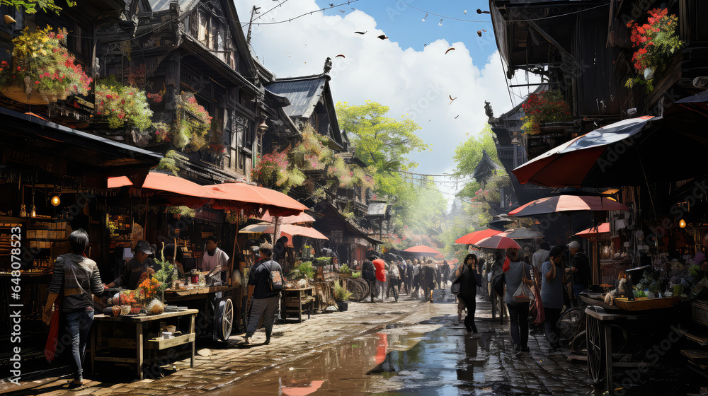 Fototapeta premium Whimsical Alleys: Fantasy Old Street Market as Dreamt by Generative AI