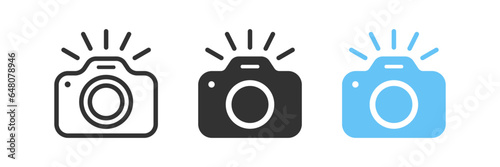 Take photo icon. Camera signs. Photography flash symbol. Phone picture symbols. Photocamera icons. Black, blue color. Vector sign.