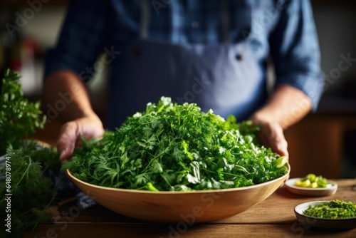 Person Holding Bowl of Greens on Table