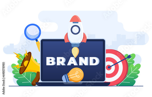 Brand building concept infographic flat vector illustration template for web banner, landing page, mobile app, Brand word lettering typography