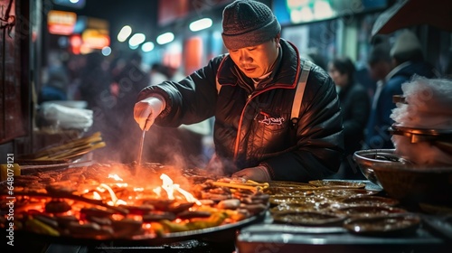 A urban street food vendor in seoul at night