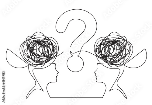 A black and white drawing of a man and a woman with a question mark on their head.