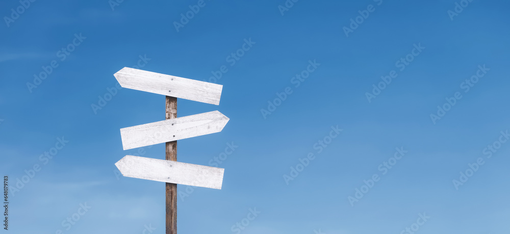 Blank wooden sign against the sky. Direction signpost on a blue horizontal background. The right path and wrong way. Guidance concept. - obrazy, fototapety, plakaty 