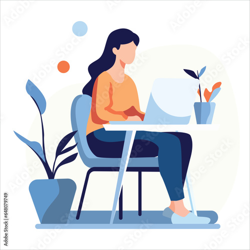 Flat illustration of a woman using a laptop on a table