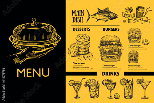 Menu restaurant brochure, Flyer with hand-drawn graphic.	
