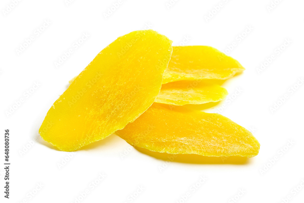 Dehydrated mango slices isolated on white background. Dry candied mango fruit chips