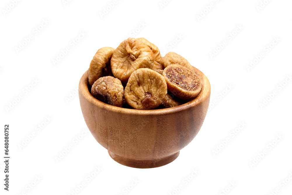 Dried figs in wooden bowl isolated on white. Sweet dried fruits, halved fig Dried figs in wooden bowl isolated on white. Sweet dried fruits, halved fig