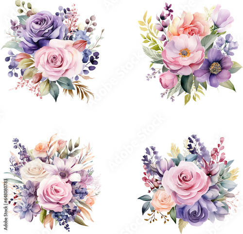Set of beautiful watercolor flower bouquets, flower arrangements or summer flower bouquets. Can be used for invitations, greetings, and wedding cards