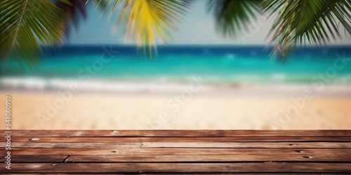 Tropical tranquility. Empty wooden table by sea. Paradise found. Relaxing at tropic beach. Island getaway with ocean view