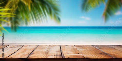 Tropical tranquility. Empty wooden table by sea. Paradise found. Relaxing at tropic beach. Island getaway with ocean view