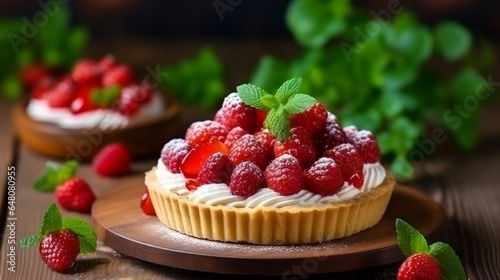 Strawberry shortcake pies on provincial wooden table idealize party person new natural product dessert photo