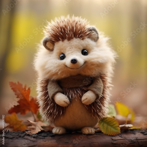 A small, fluffy, cute toy hedgehog stands in the autumn forest