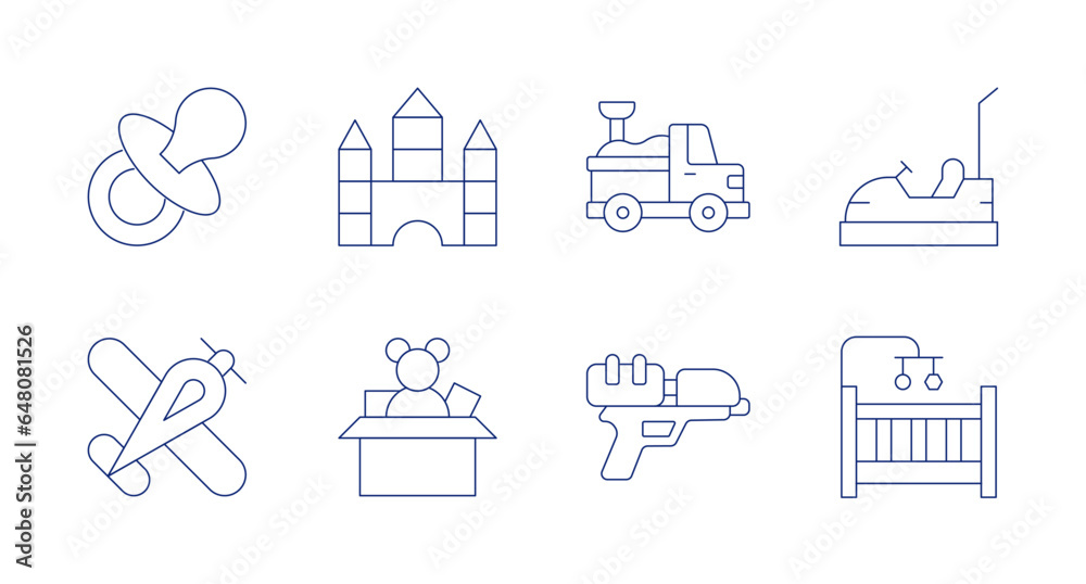 Toys icons. editable stroke. Containing car, crib, pacifier, plane, toy blocks, toy truck, toy, water gun.