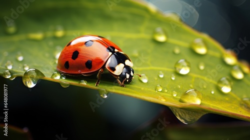  a ladybug sitting on a green leaf with water droplets. generative ai