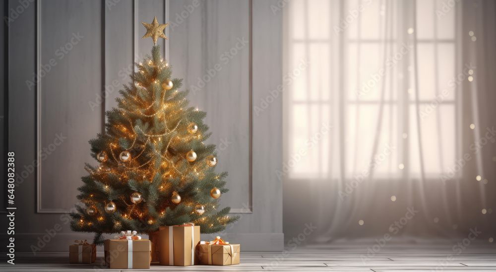 decorations on a Christmas tree and glare of lights generate by ai