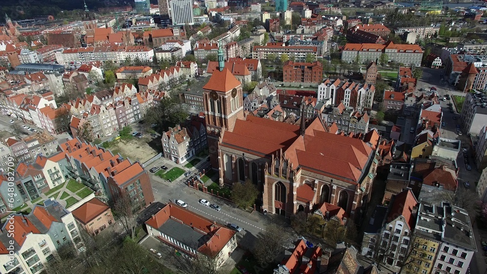 Aerial of Gdansk Old Town Houses Churches and Cathedral