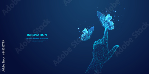 Abstract close-up finger press on the digital blue butterfly. Technology innovation and evolution concept. Butterflies hologram on dark background. Low poly wireframe vector illustration. 